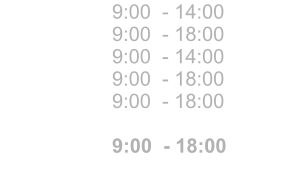 segunda tera quarta quinta sexta  sbado   9:00  - 14:00 9:00  - 18:00 9:00  - 14:00 9:00  - 18:00 9:00  - 18:00  9:00  - 18:00